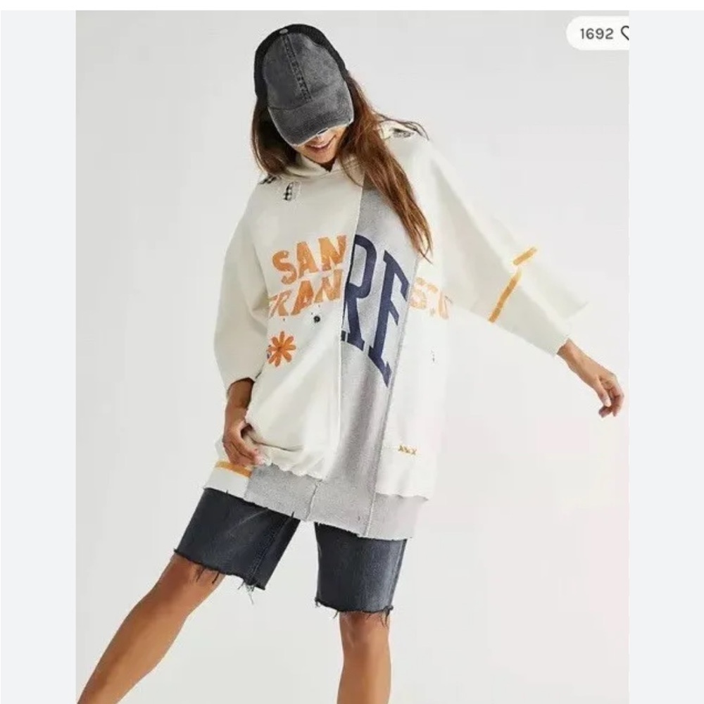 Free People Day Off Hoodie  Sweatshirt Embroidered Patchwork Vintage Dist…